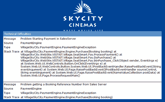 Skycity Cinemas - Useless Error Message